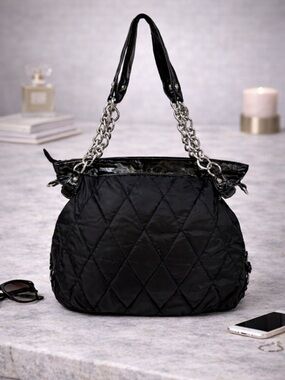 Sondra Roberts Black Quilted Large Hobo Tote Chain Strap Designer Bag